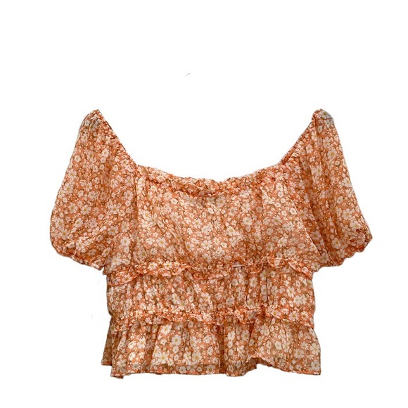 MOA MOA Peach Floral Chiffon Sheer Puff Sleeve Square Neck Crop Blouse Top XL - Picture 1 of 8
